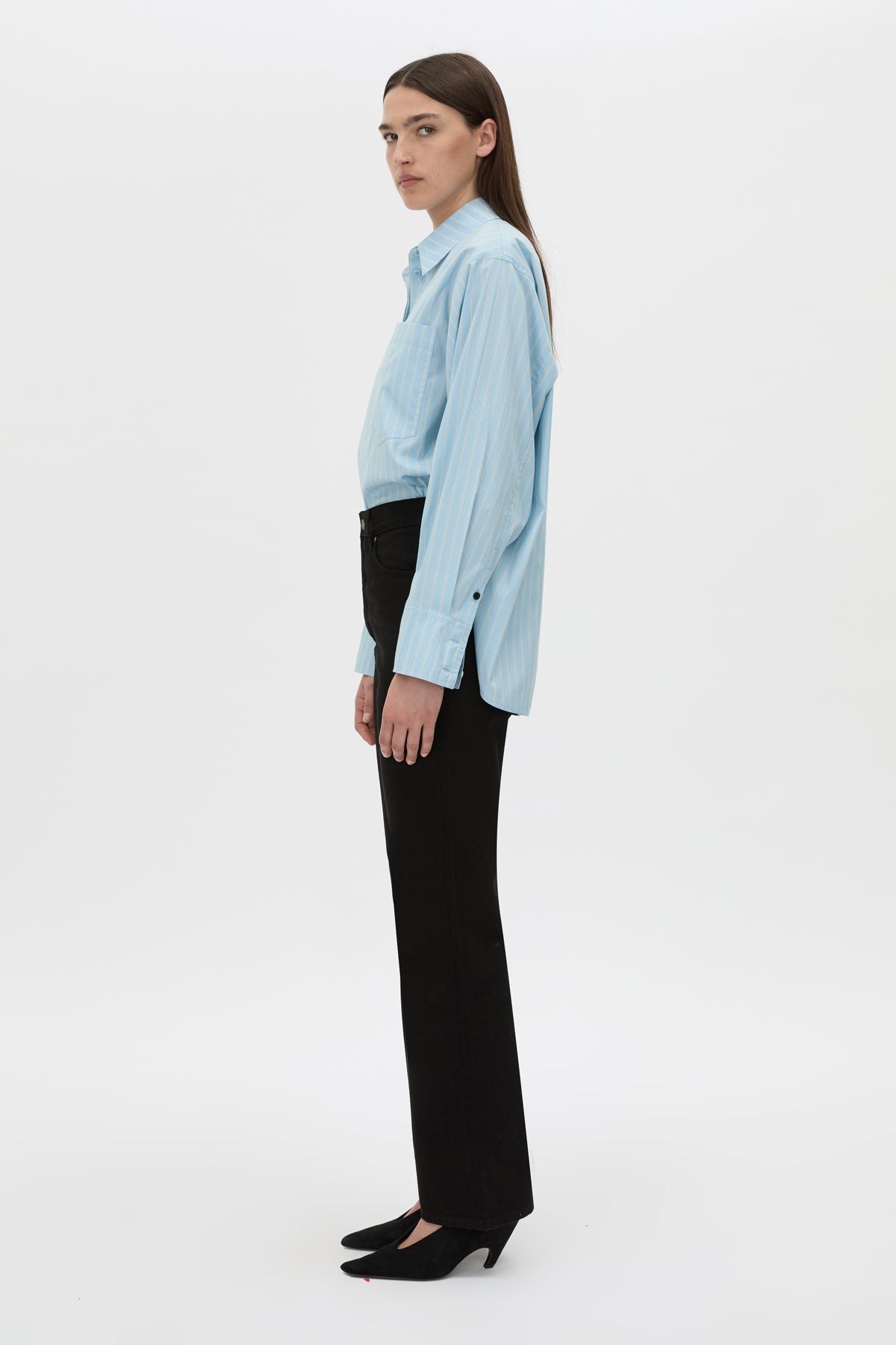 Side view CAMILLA AND MARC Jenie stripe shirt in baby blue stripe.