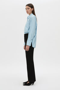 Side view CAMILLA AND MARC Jenie stripe shirt in baby blue stripe.