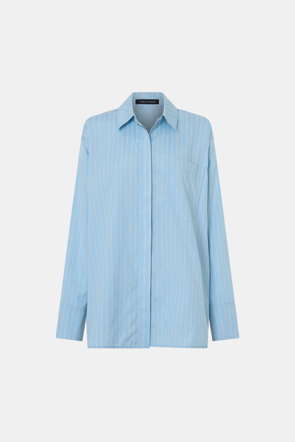 Ghost view CAMILLA AND MARC Jenie stripe shirt in baby blue stripe.