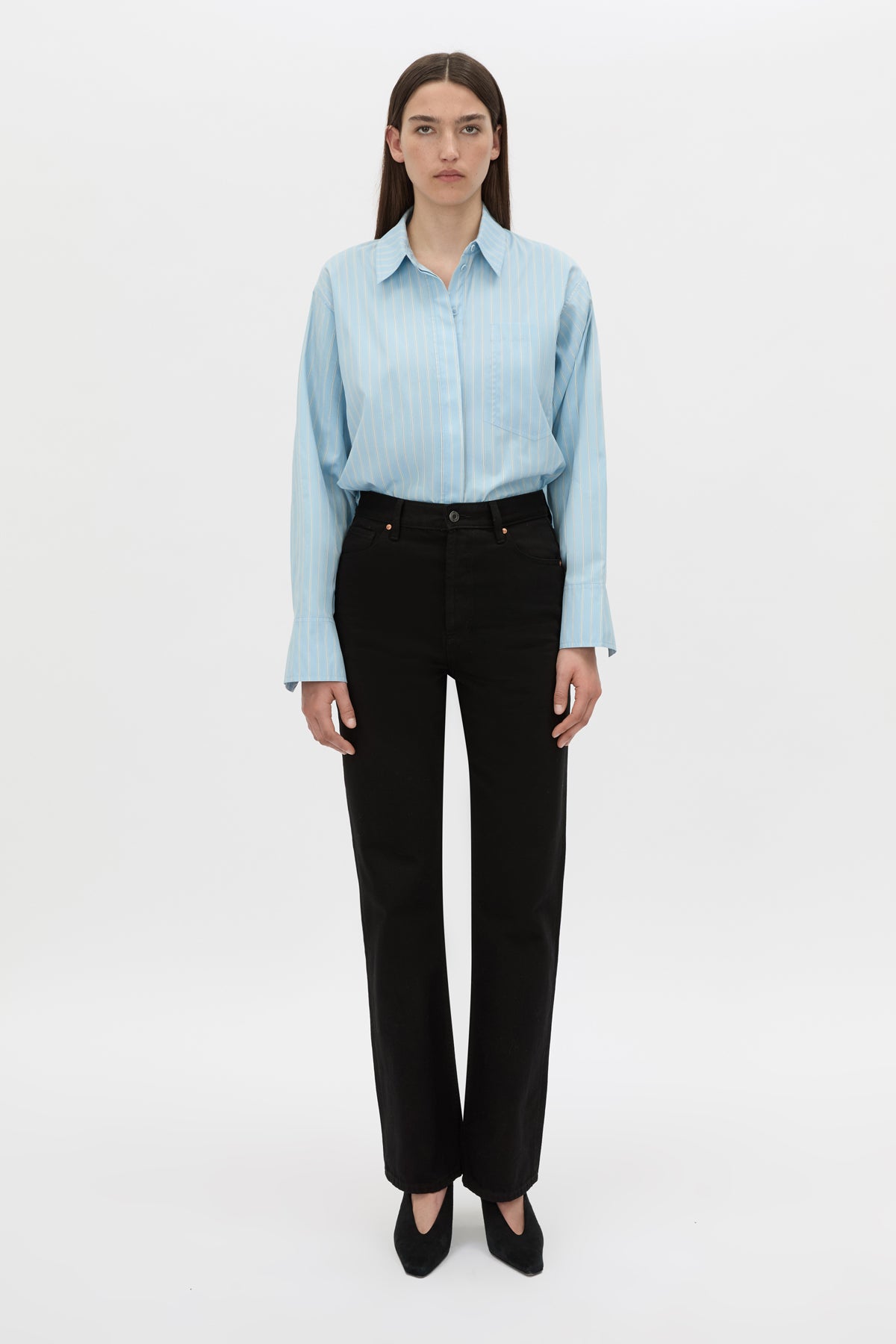 Styled view CAMILLA AND MARC Jenie stripe shirt in baby blue stripe.