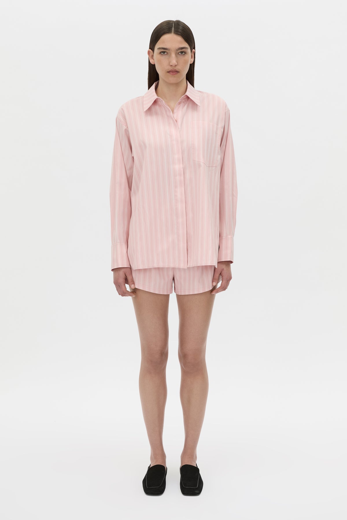 Front view CAMILLA AND MARC Jenie stripe shirt in light rose stripe.