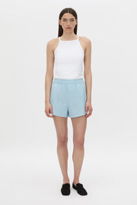 Front-styled view CAMILLA AND MARC Jenie short in baby blue stripe.