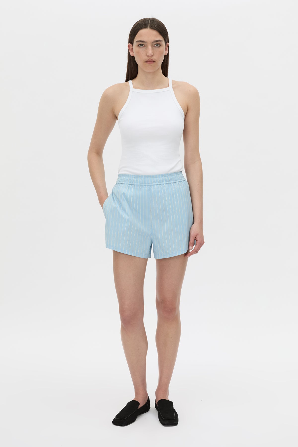 Styled view CAMILLA AND MARC Jenie short in baby blue stripe.