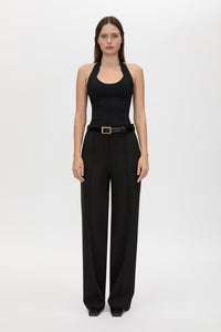 Front styled view CAMILLA AND MARC Juliet Knit Halter Top in Black with ribbed halter neckline.