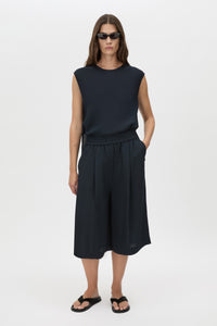 Kenya Bermuda Short - CAMILLA AND MARC Kenya relaxed Bermuda short in navy with a gathered elasticated waistband and perma