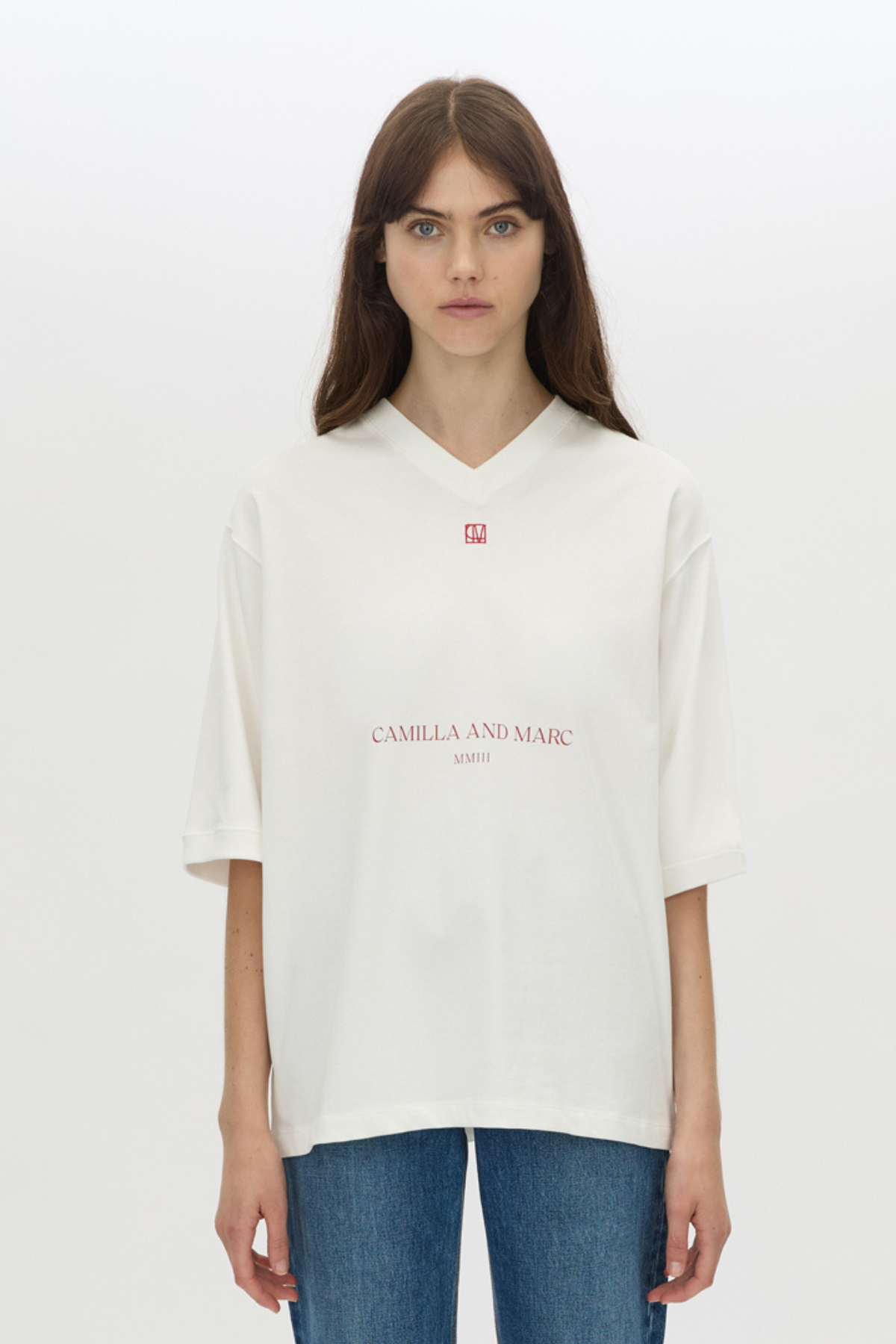 Cropped view CAMILLA AND MARC Larissa logo jersey tee in white.