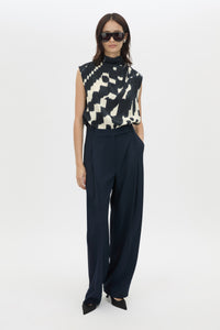 Front view CAMILLA AND MARC Lena Pant in Navy featuring a mid‑rise tailored cut with front tucks.
