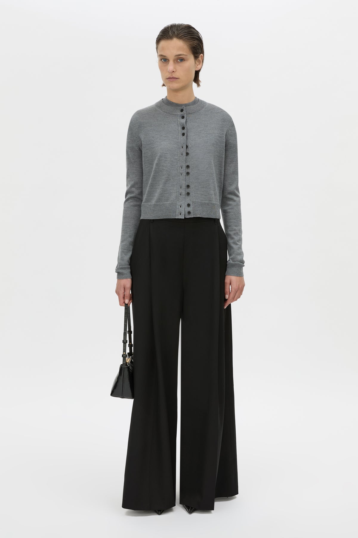 Front-styled view CAMILLA AND MARC Leona knit cardigan in charcoal marle.