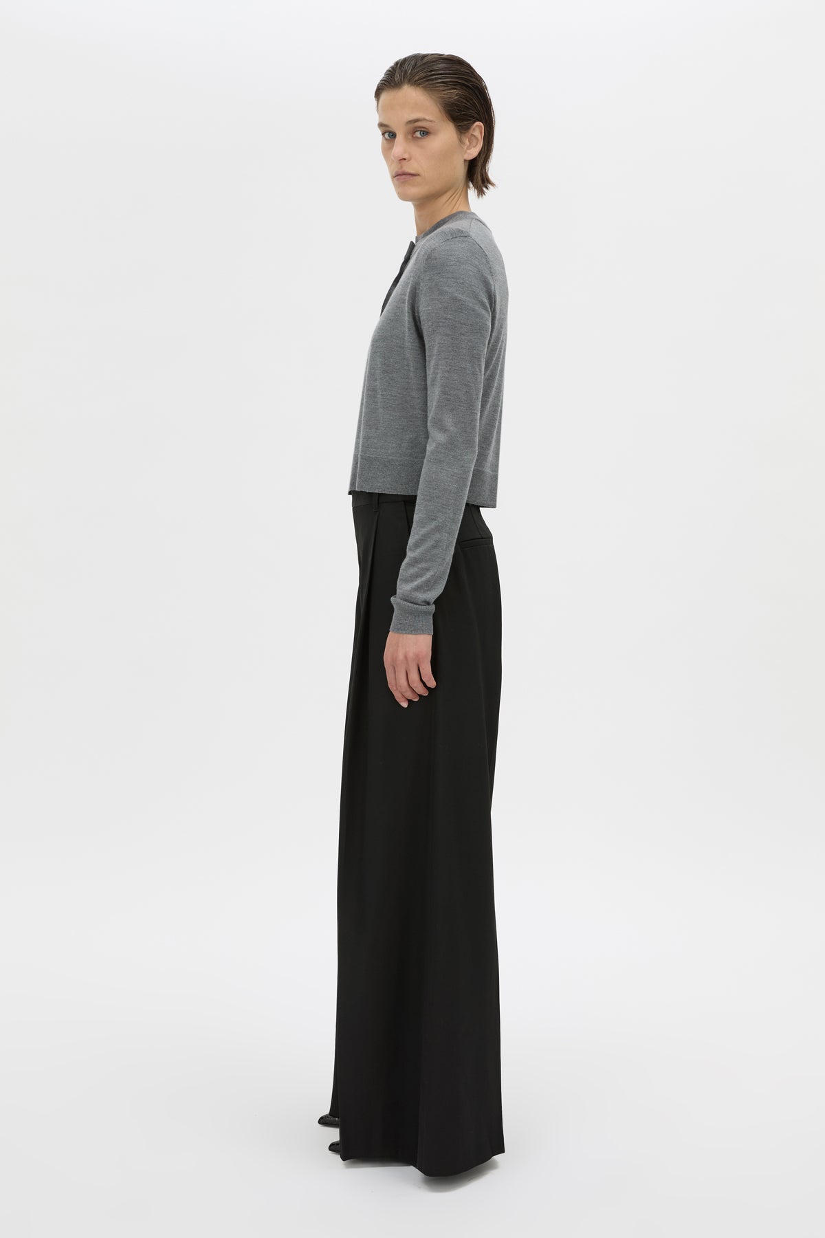 Side view CAMILLA AND MARC Leona knit cardigan in charcoal marle.