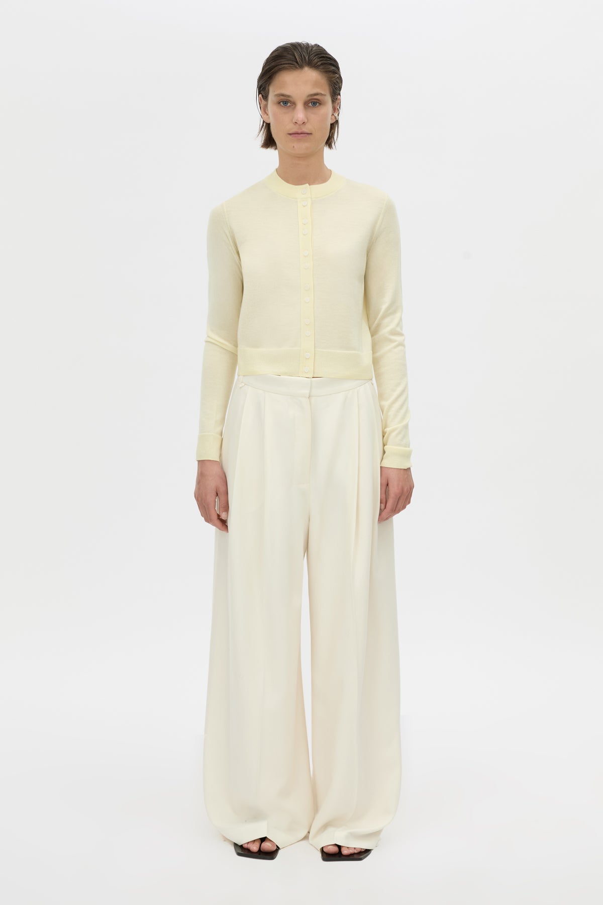 Front-styled-2 view CAMILLA AND MARC Leona knit cardigan in soft lemon.