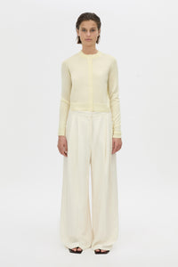 Front-styled-2 view CAMILLA AND MARC Leona knit cardigan in soft lemon.