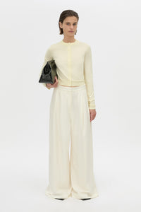 Front-styled view CAMILLA AND MARC Leona knit cardigan in soft lemon.