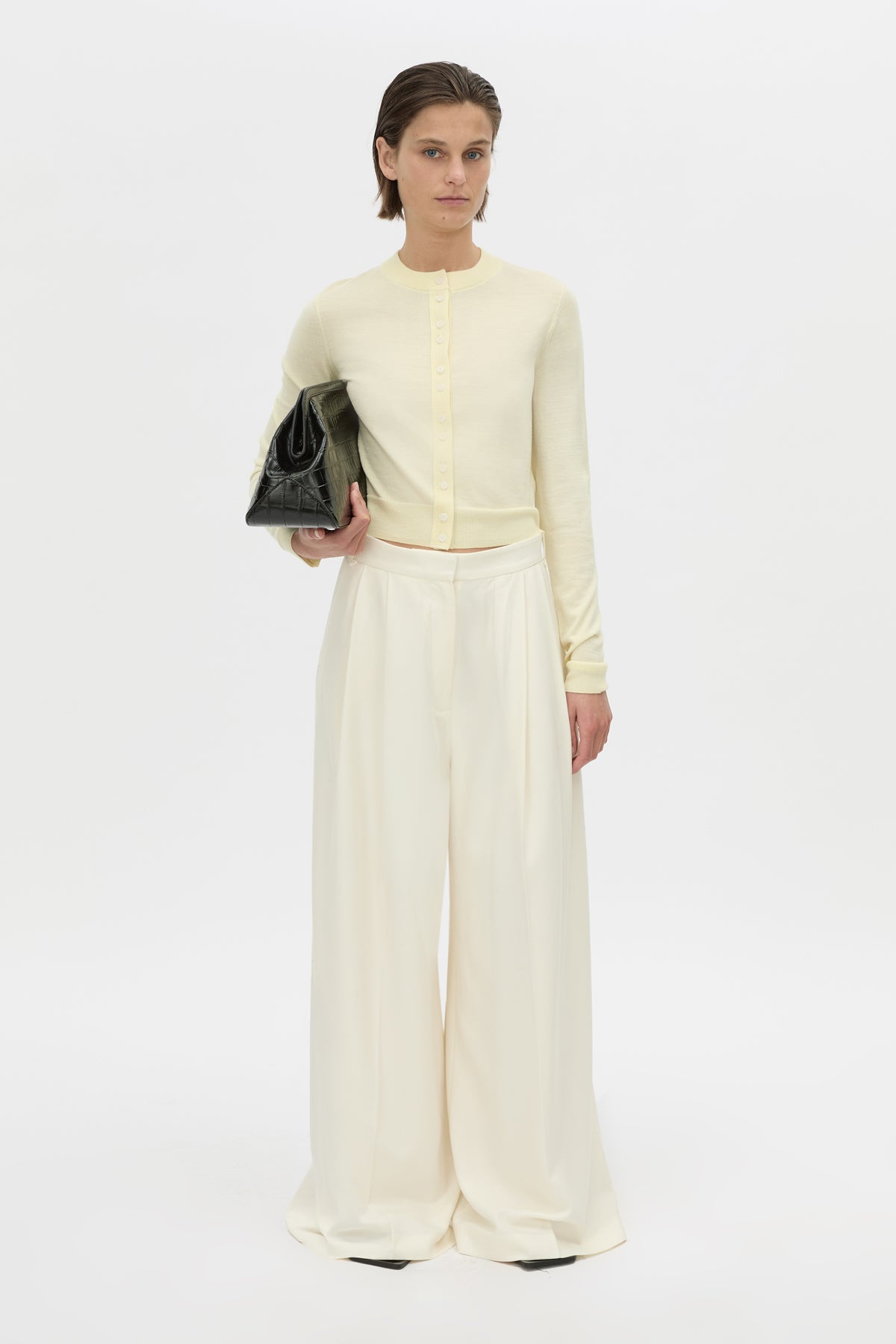 Front-styled view CAMILLA AND MARC Leona knit cardigan in soft lemon.