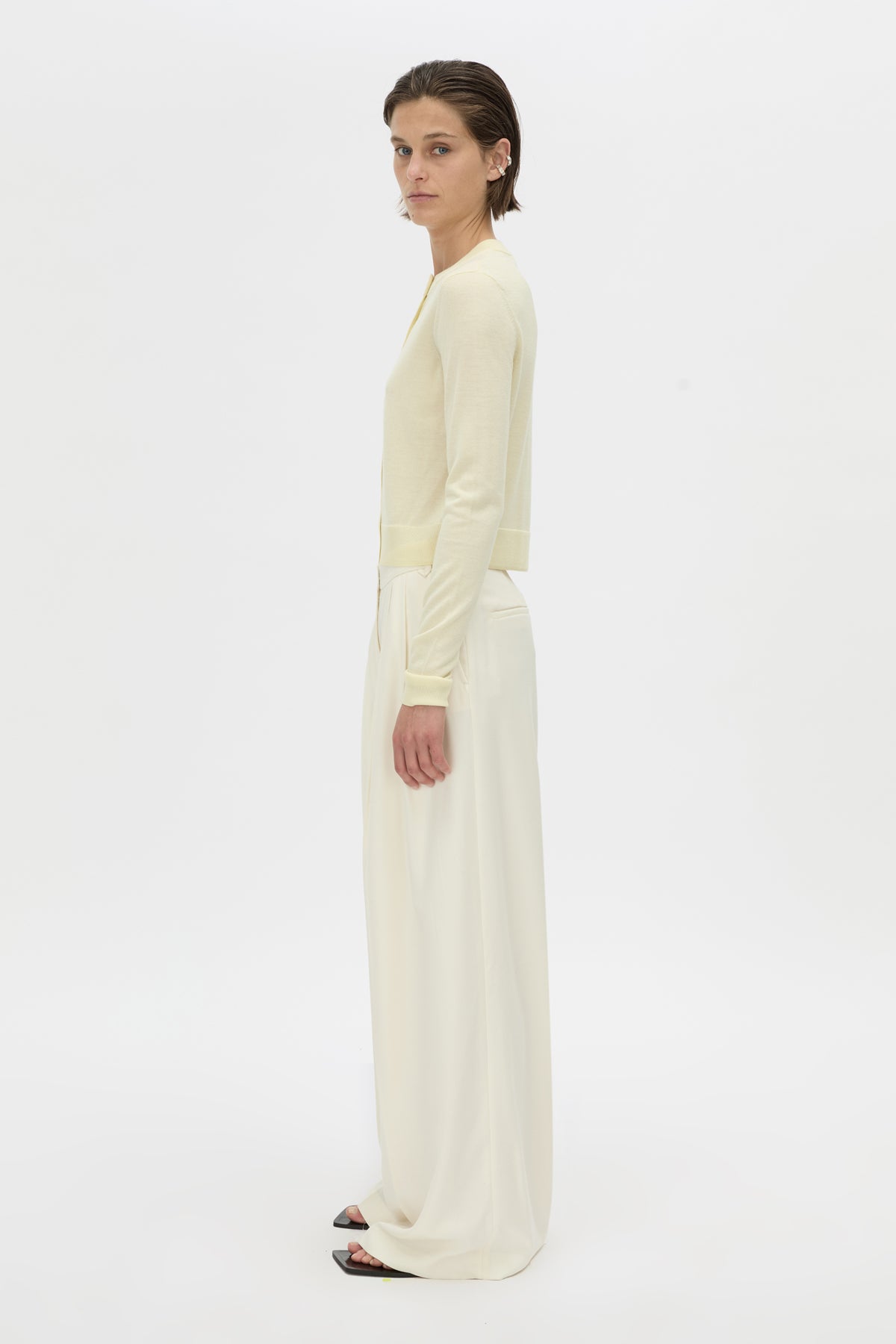 Side view CAMILLA AND MARC Leona knit cardigan in soft lemon.