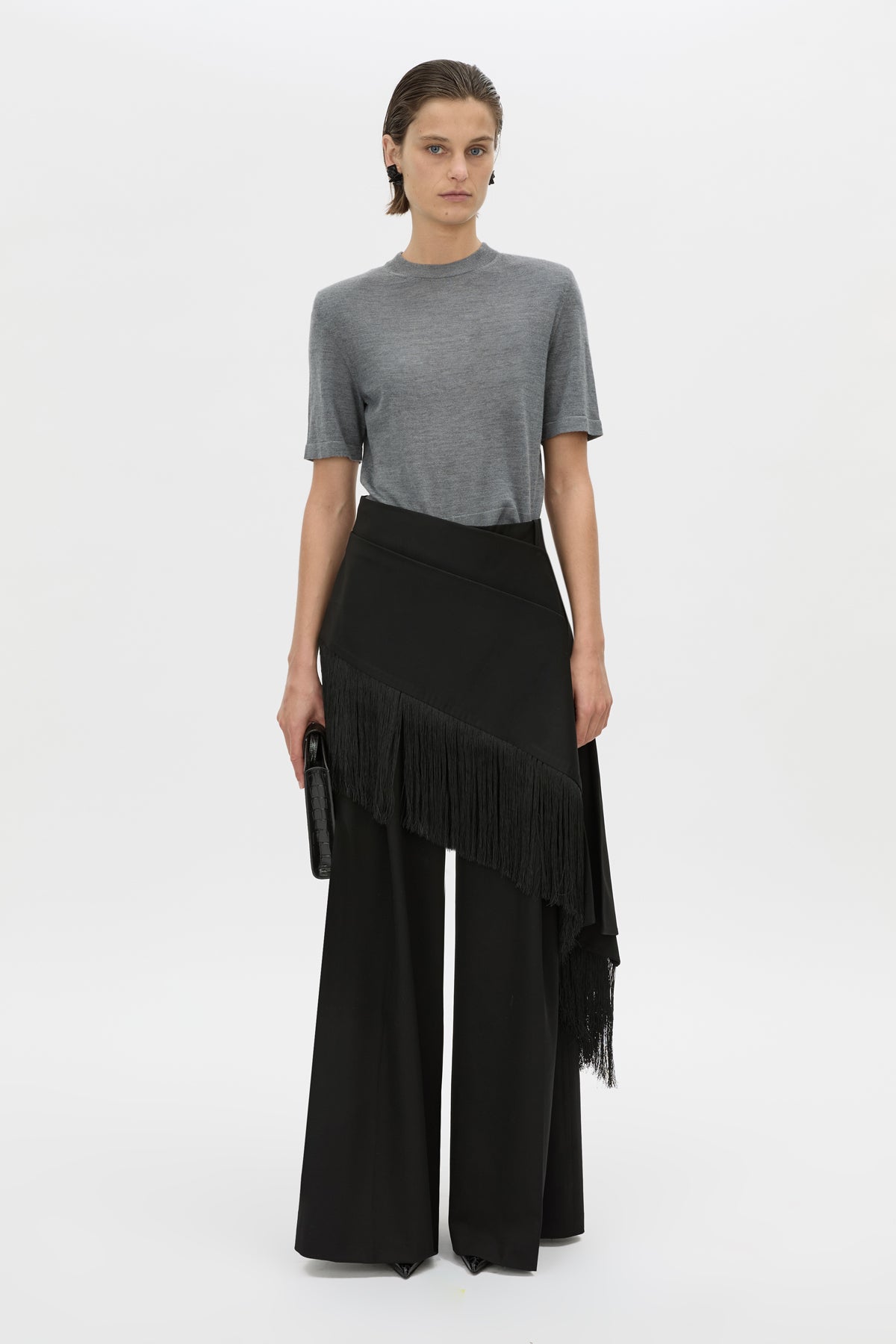 Front-styled view CAMILLA AND MARC Leona knit T shirt in charcoal marle.