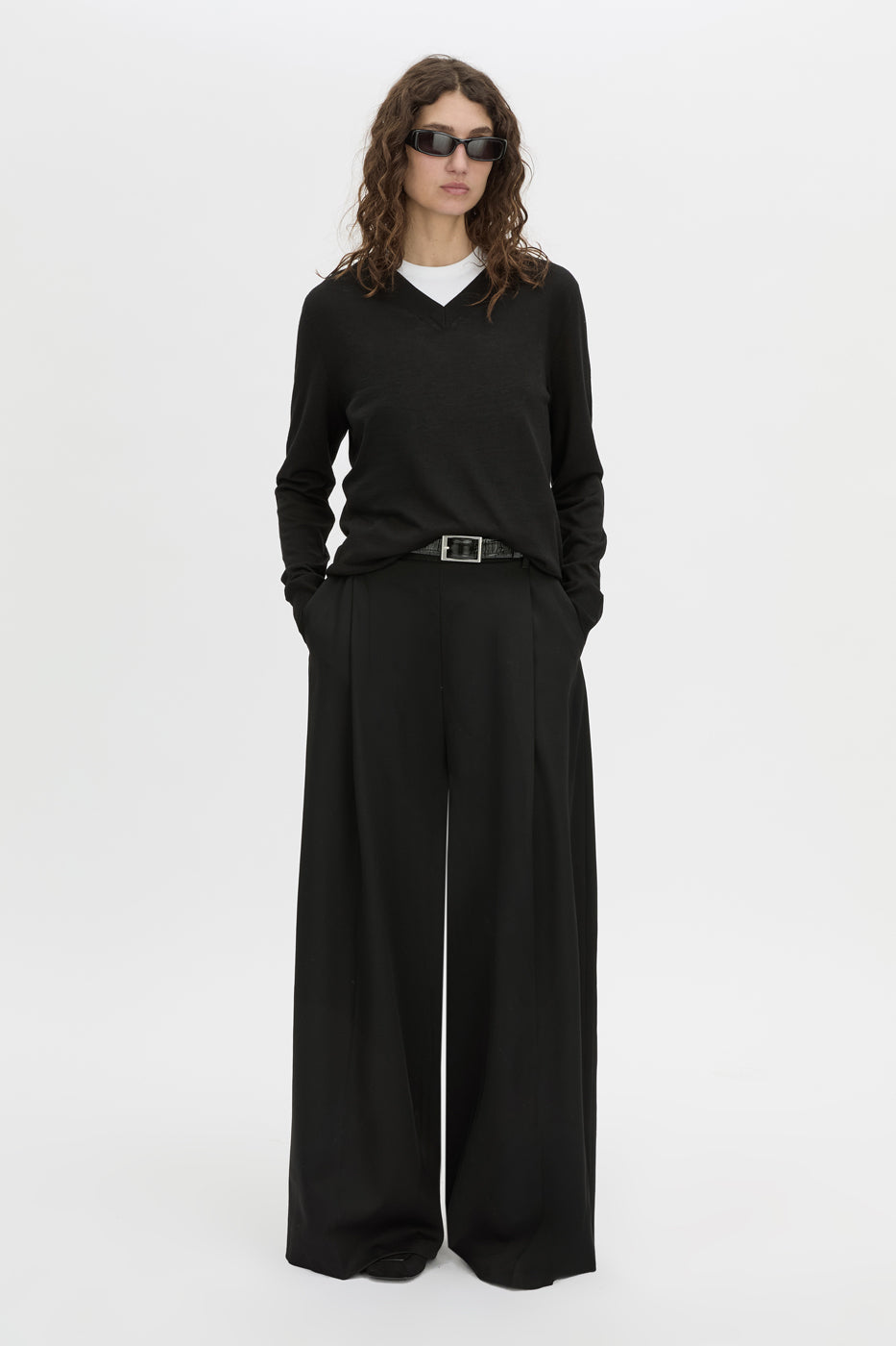Front-styled view CAMILLA AND MARC Leona V neck sweater in black.