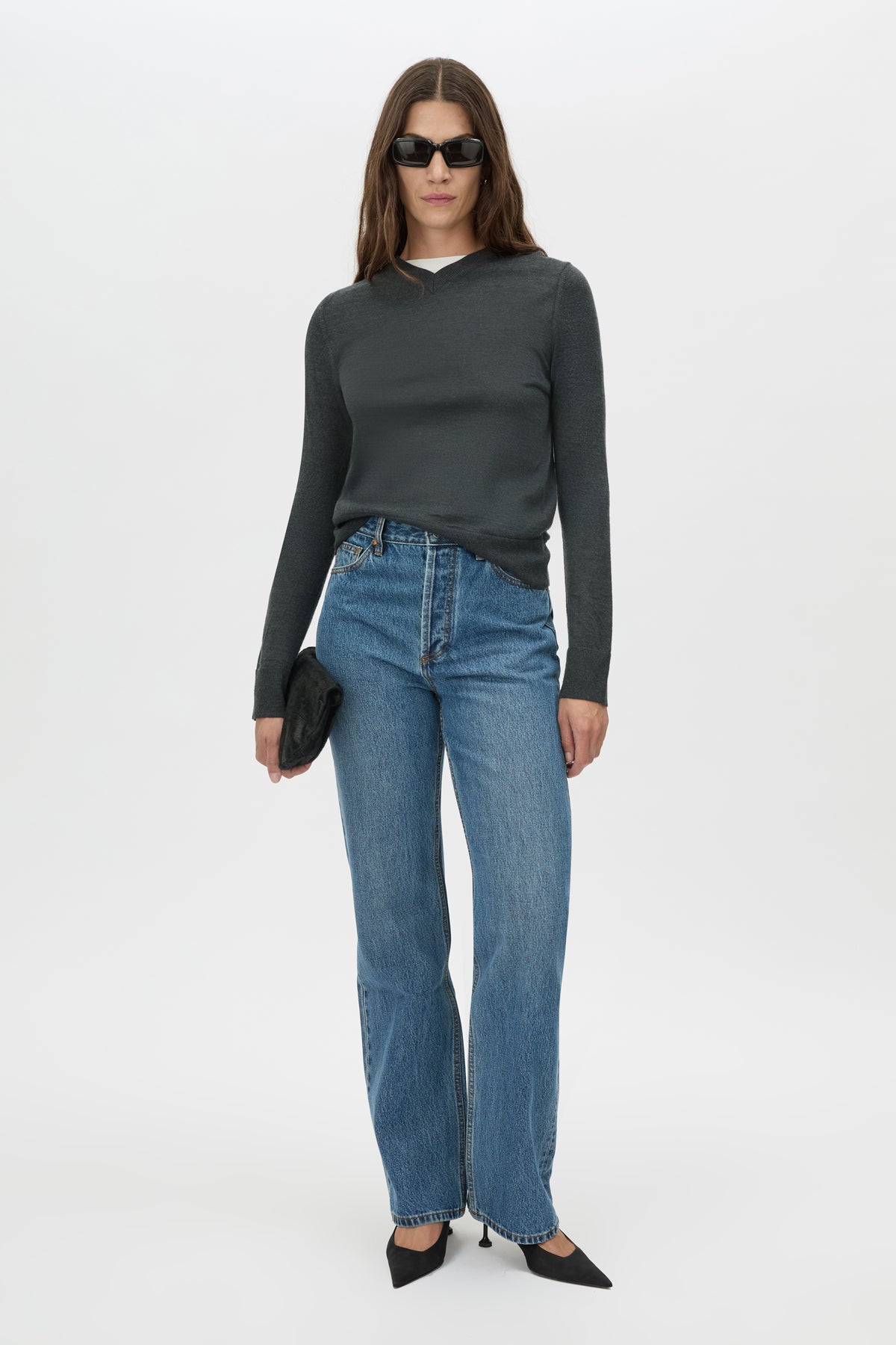 Leona Knit V Neck Sweater - CAMILLA AND MARC Leona long sleeve V neck sweater in charcoal melange
