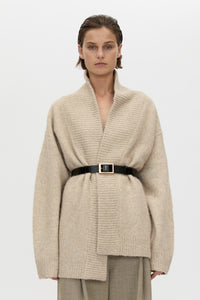Cropped view CAMILLA AND MARC Leonie Knit Cardigan in Oatmeal Marle with wrap closure and waist tie.