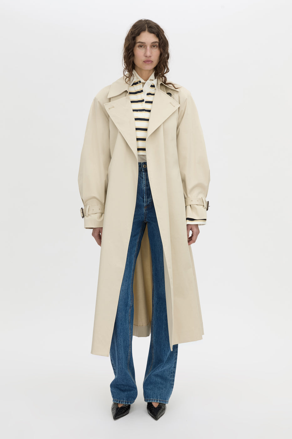 Front-styled view CAMILLA AND MARC Liat stripe crop polo top in soft white stripe.