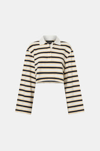 Ghost view CAMILLA AND MARC Liat stripe crop polo top in soft white stripe.