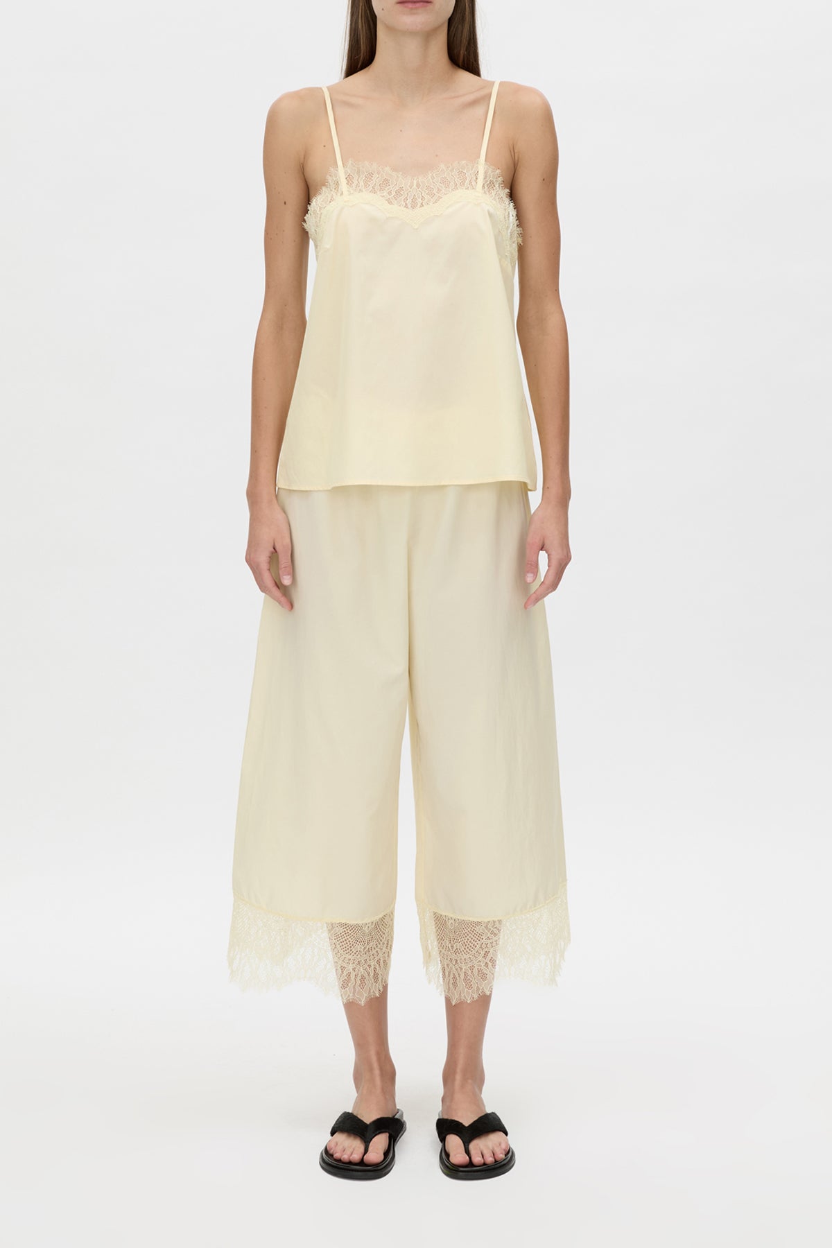 Lira Pant - CAMILLA AND MARC Lira cotton-silk wide-leg pant in yellow with scallop chantilly lace trim