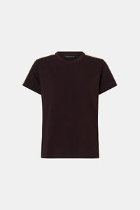Ghost view CAMILLA AND MARC Locus Tee in Espresso with fitted baby‑tee silhouette and contrast stripe tape.  