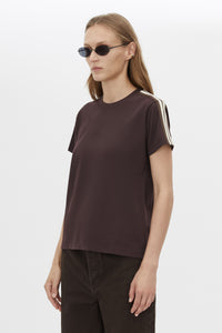 Cropped view CAMILLA AND MARC Locus Tee in Espresso with fitted baby‑tee silhouette and contrast stripe tape.  