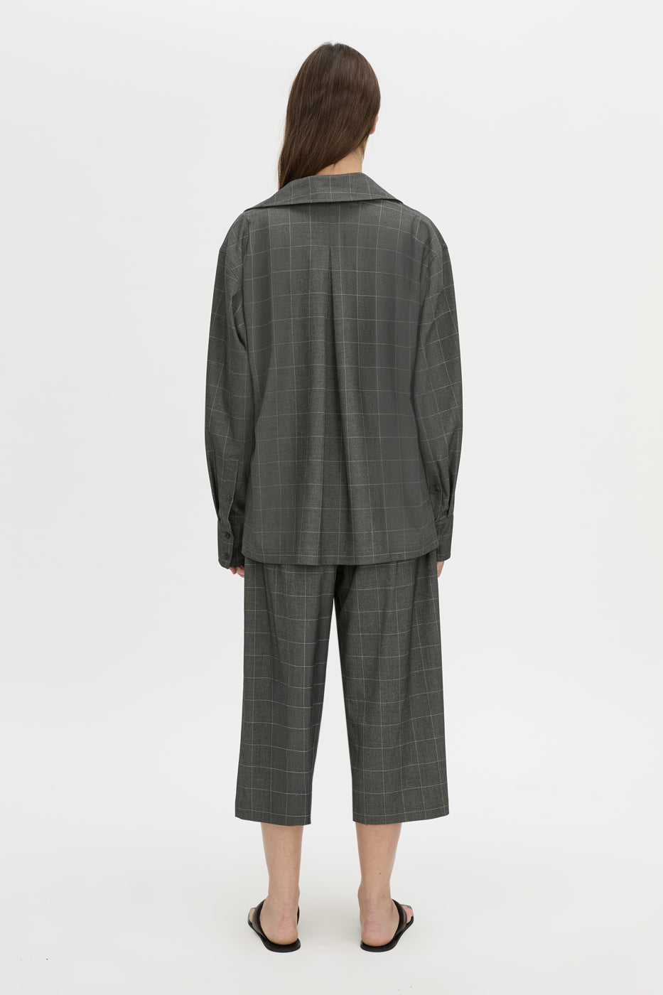 Back view CAMILLA AND MARC Lourdes check half placket shirt in grey.