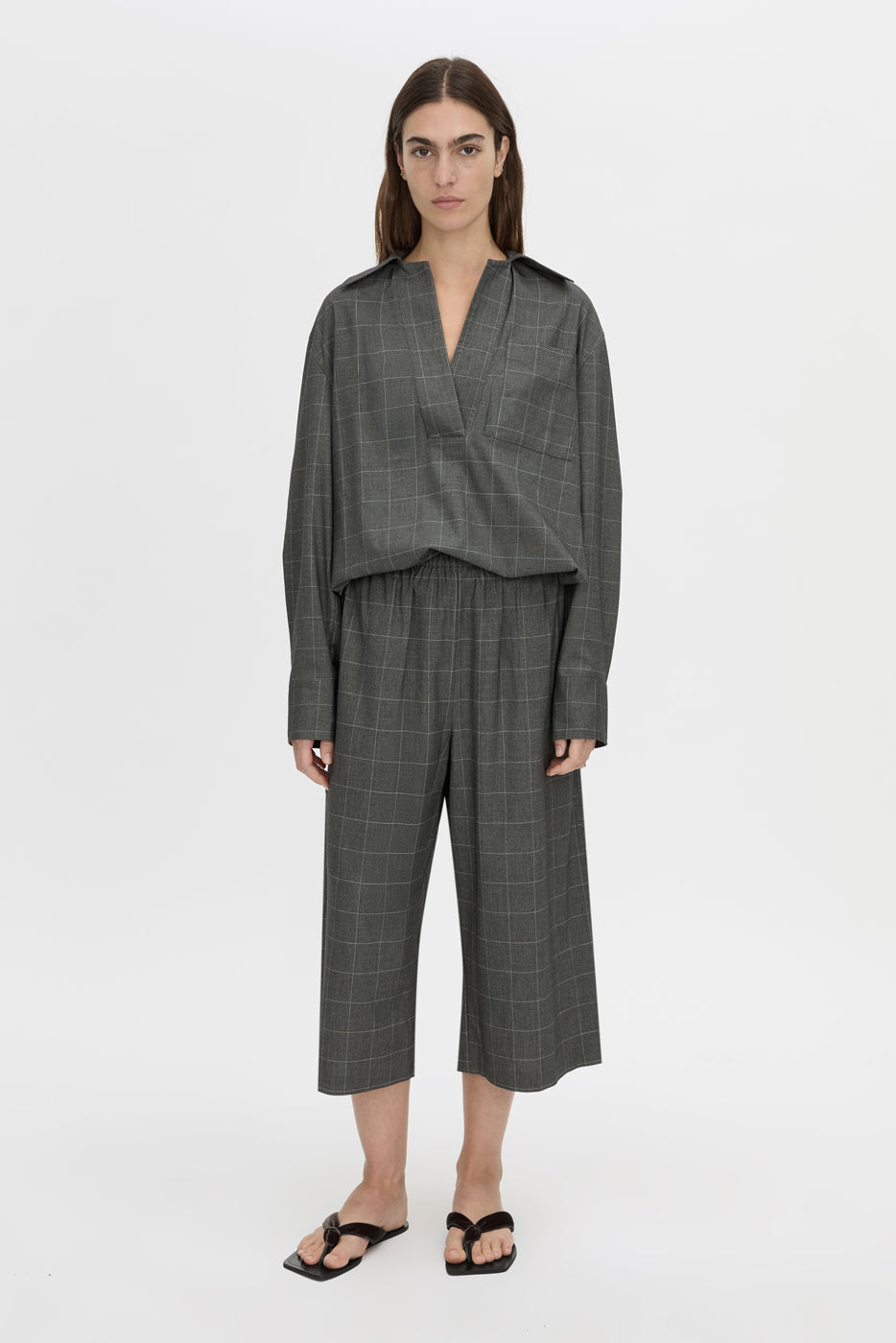 Front view CAMILLA AND MARC Lourdes check half placket shirt in grey.