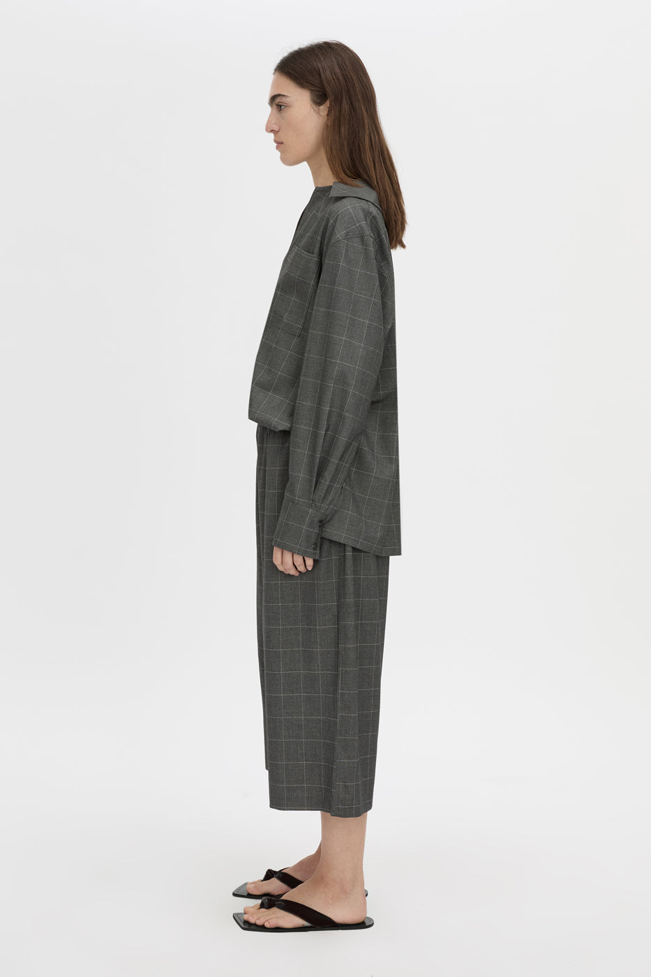 Side view CAMILLA AND MARC Lourdes check half placket shirt in grey.