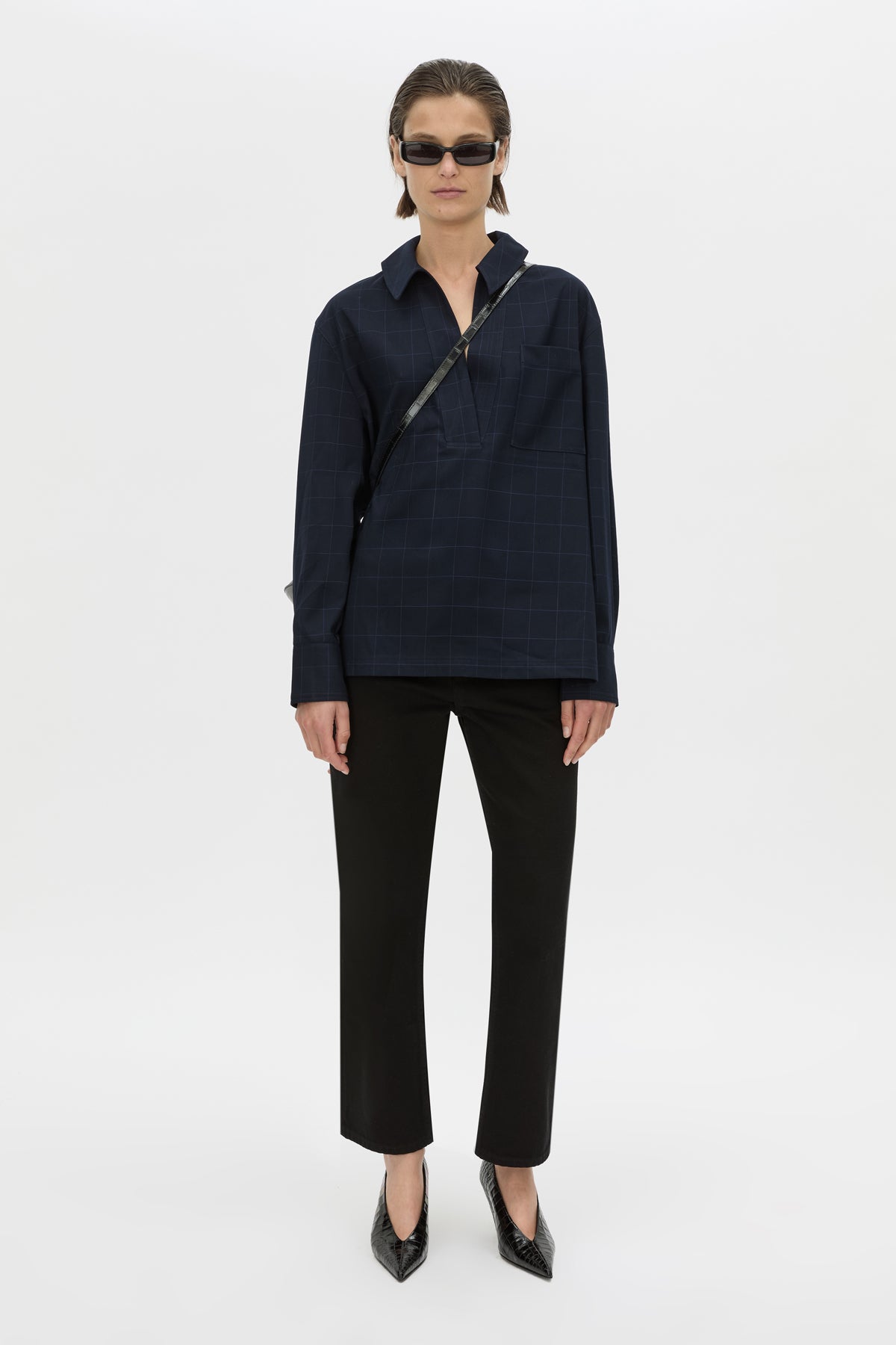 Front view CAMILLA AND MARC Lourdes check half placket shirt in navy.