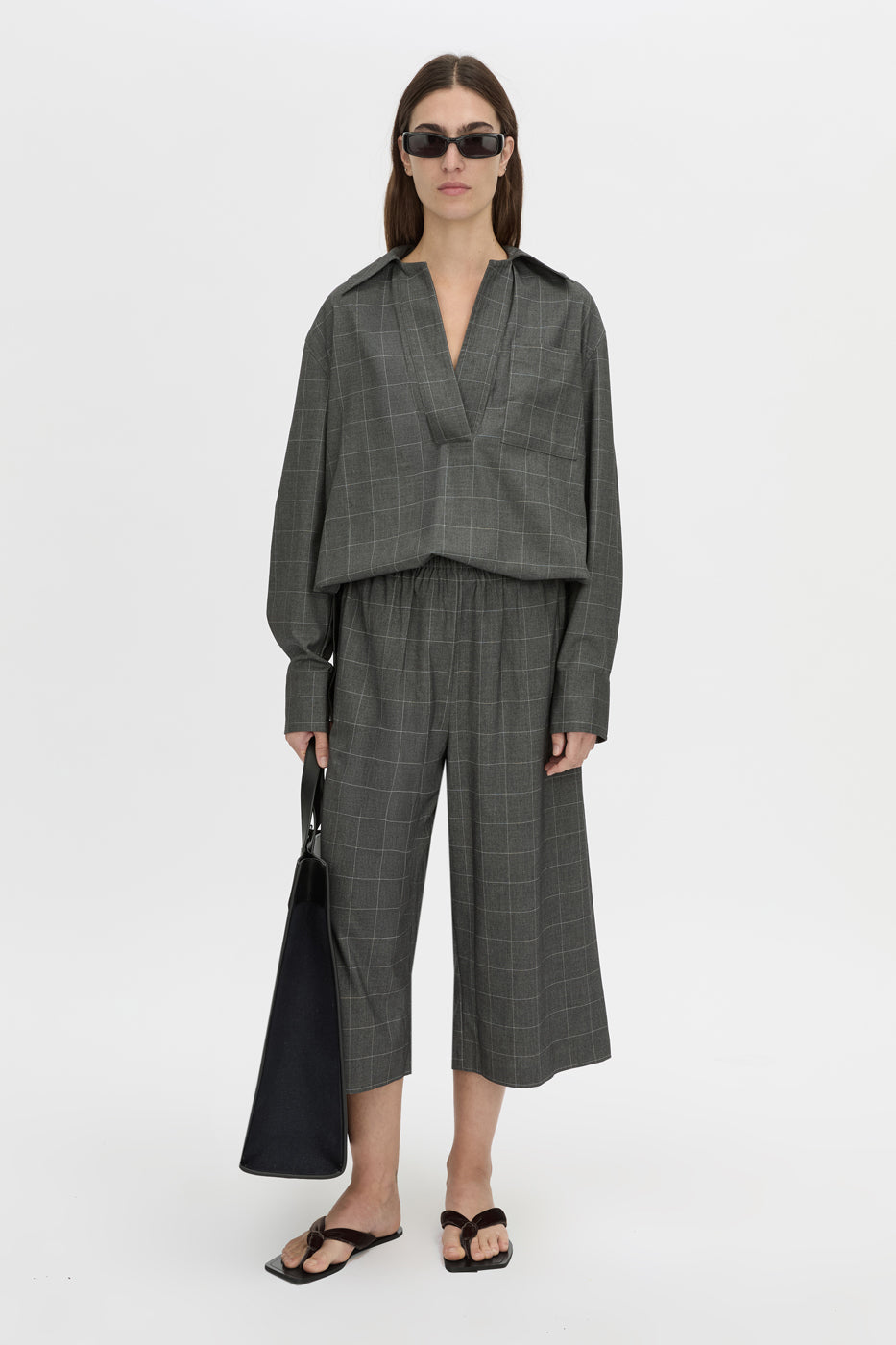 Front-styled view CAMILLA AND MARC Lourdes check soft culotte in grey.