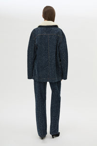 Back view CAMILLA AND MARC Luca Denim Utility Jacket in Indigo Neps with a detachable shearling collar.