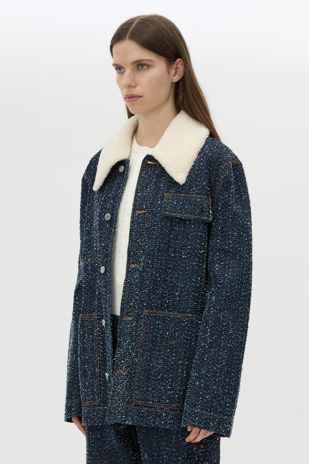 Cropped view CAMILLA AND MARC Luca Denim Utility Jacket in Indigo Neps with a detachable shearling collar.