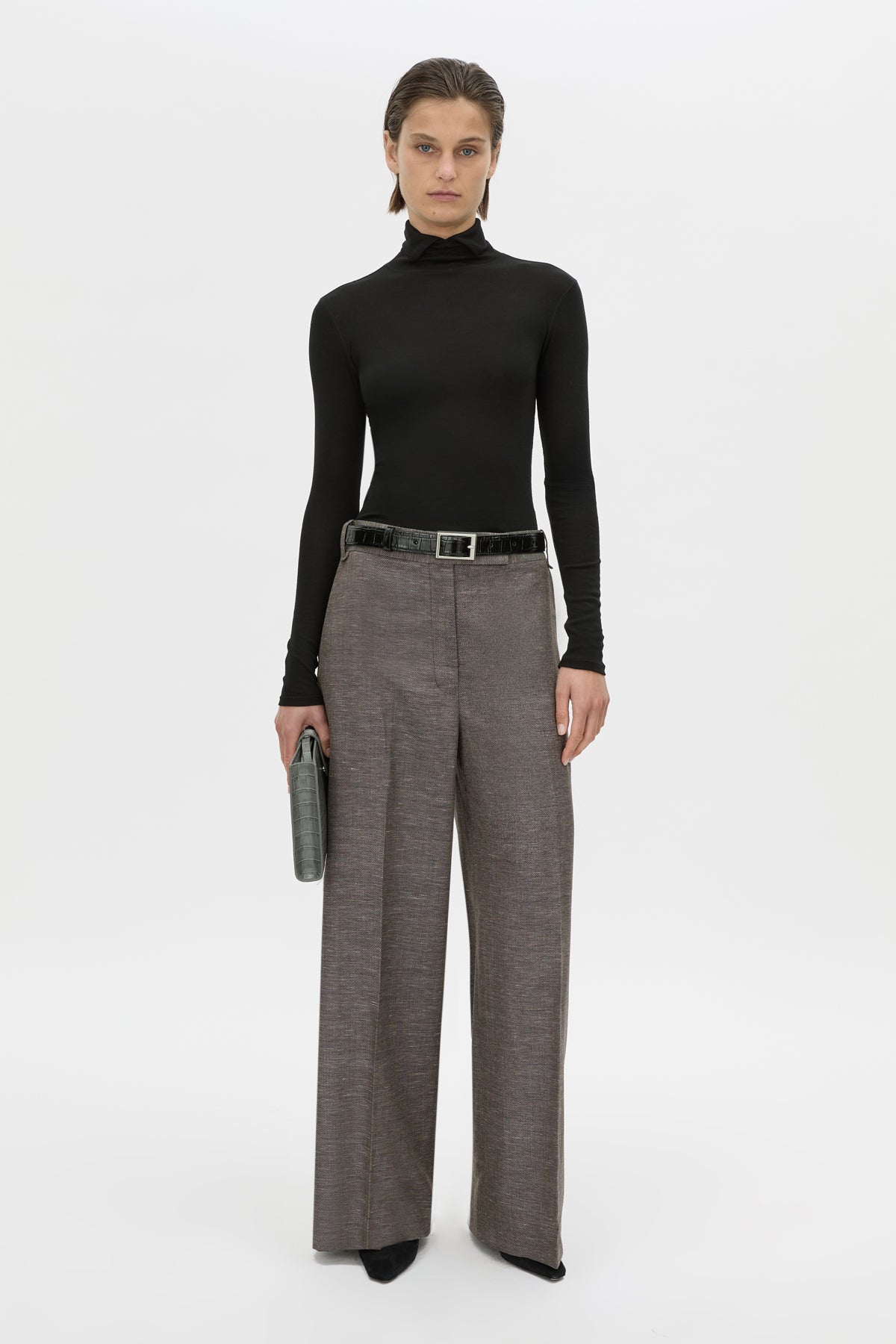 Styled view CAMILLA AND MARC Luce tailored pant in chocolate marle.