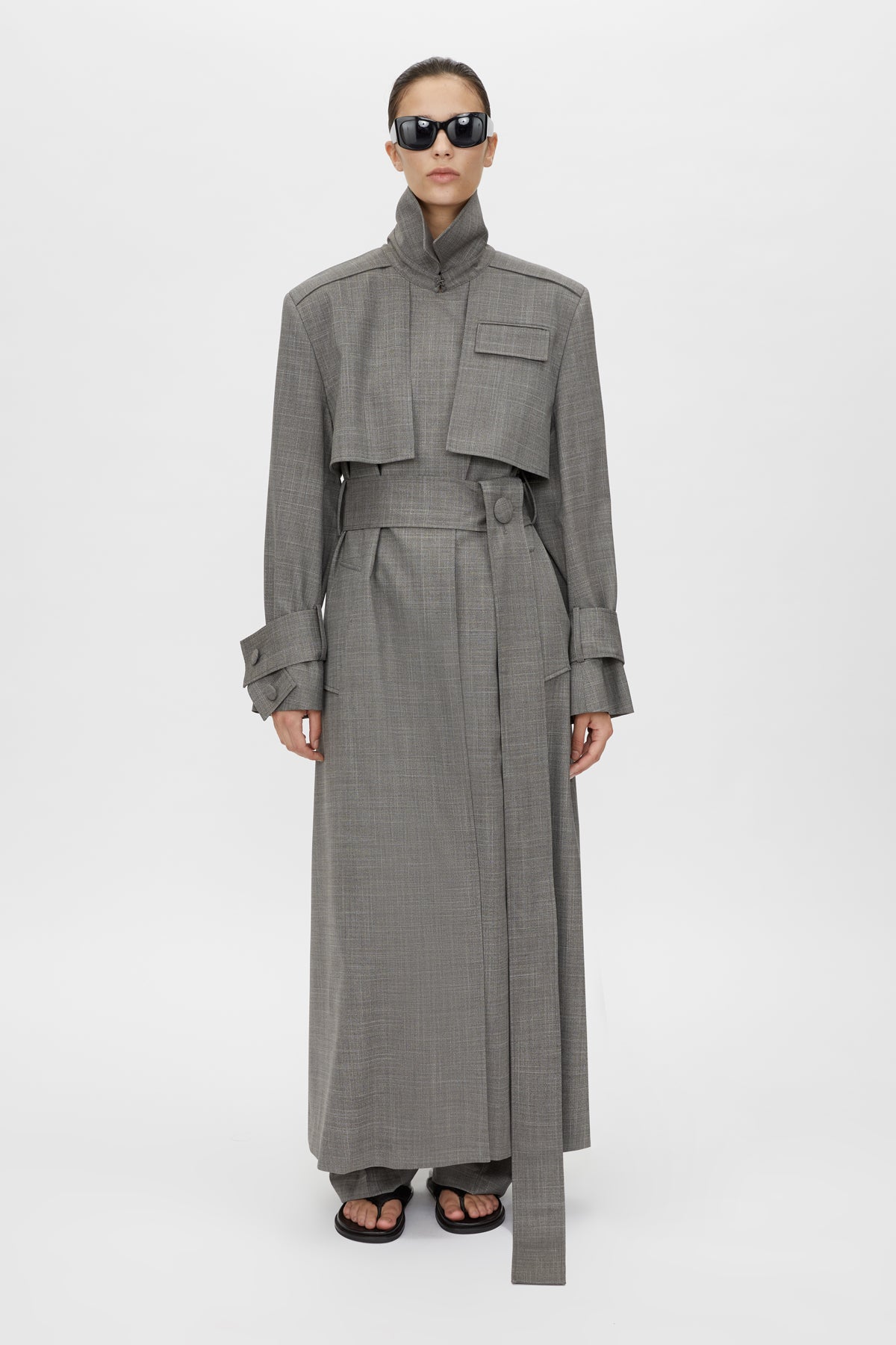 Luis Trench Coat - CAMILLA AND MARC Luis charcoal tailored trench coat with detachable belt and connected storm flaps