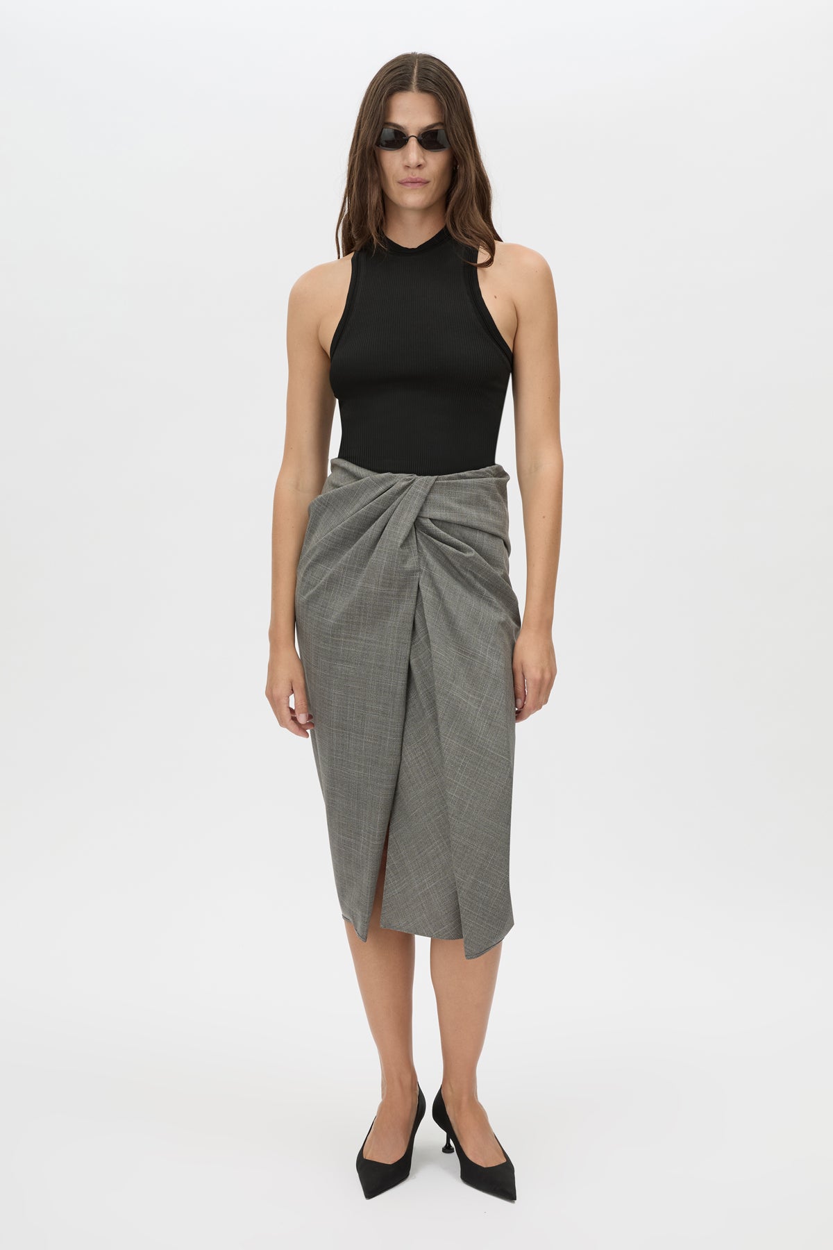Luis Skirt - CAMILLA AND MARC Luis charcoal wrap midi length skirt with centre front draped split