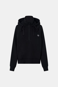 Ghost view CAMILLA AND MARC Lyra Embroidered Hoodie in Black and White with exposed quarter‑zip opening.