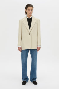 Front styled view CAMILLA AND MARC Mackinley oversized blazer in pistachio.