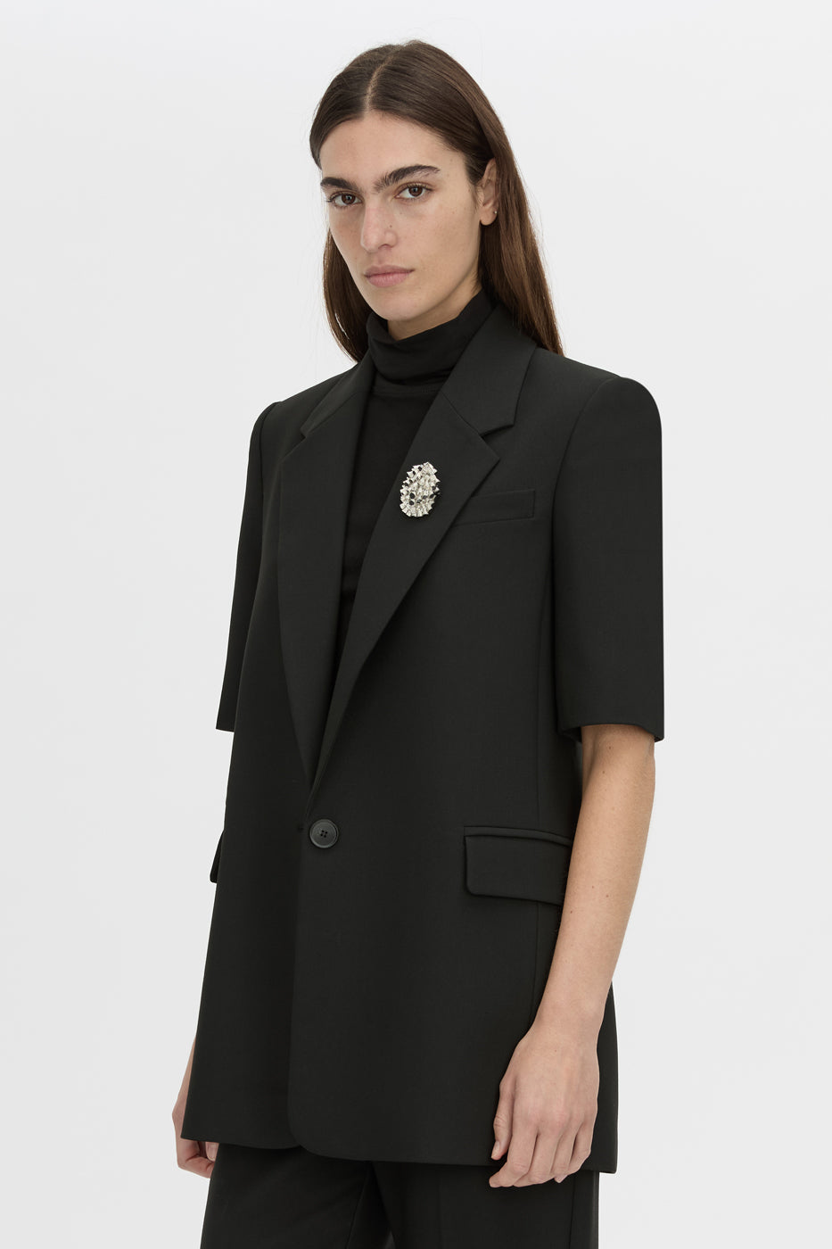 Cropped view CAMILLA AND MARC Mackinley short sleeve blazer in black.