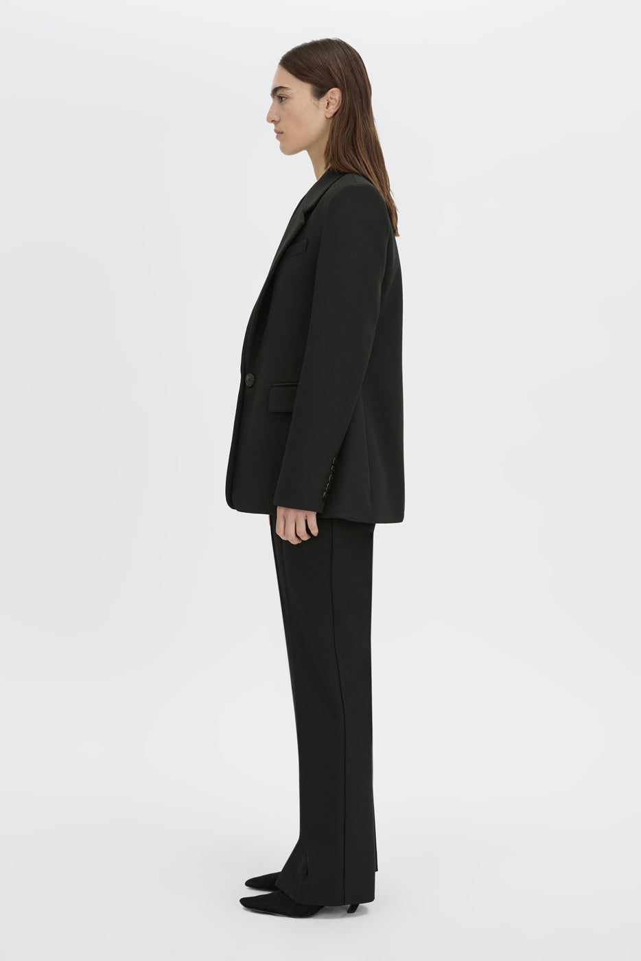Side view CAMILLA AND MARC Mackinley single-breasted blazer in black.
