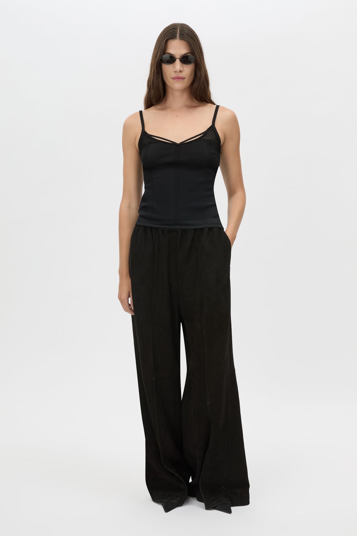 Front view CAMILLA AND MARC Maeva Knit Top in Black with lace knit tank silhouette.