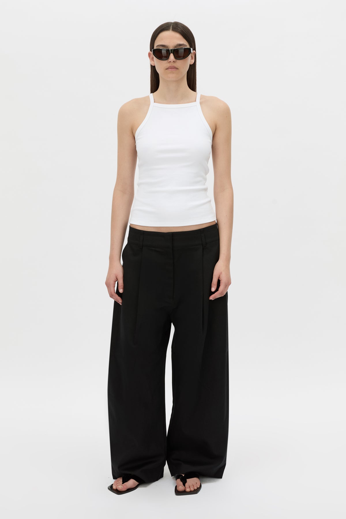 Front-styled view CAMILLA AND MARC Magnolia Drill Pant in black with centre front and back pleats.