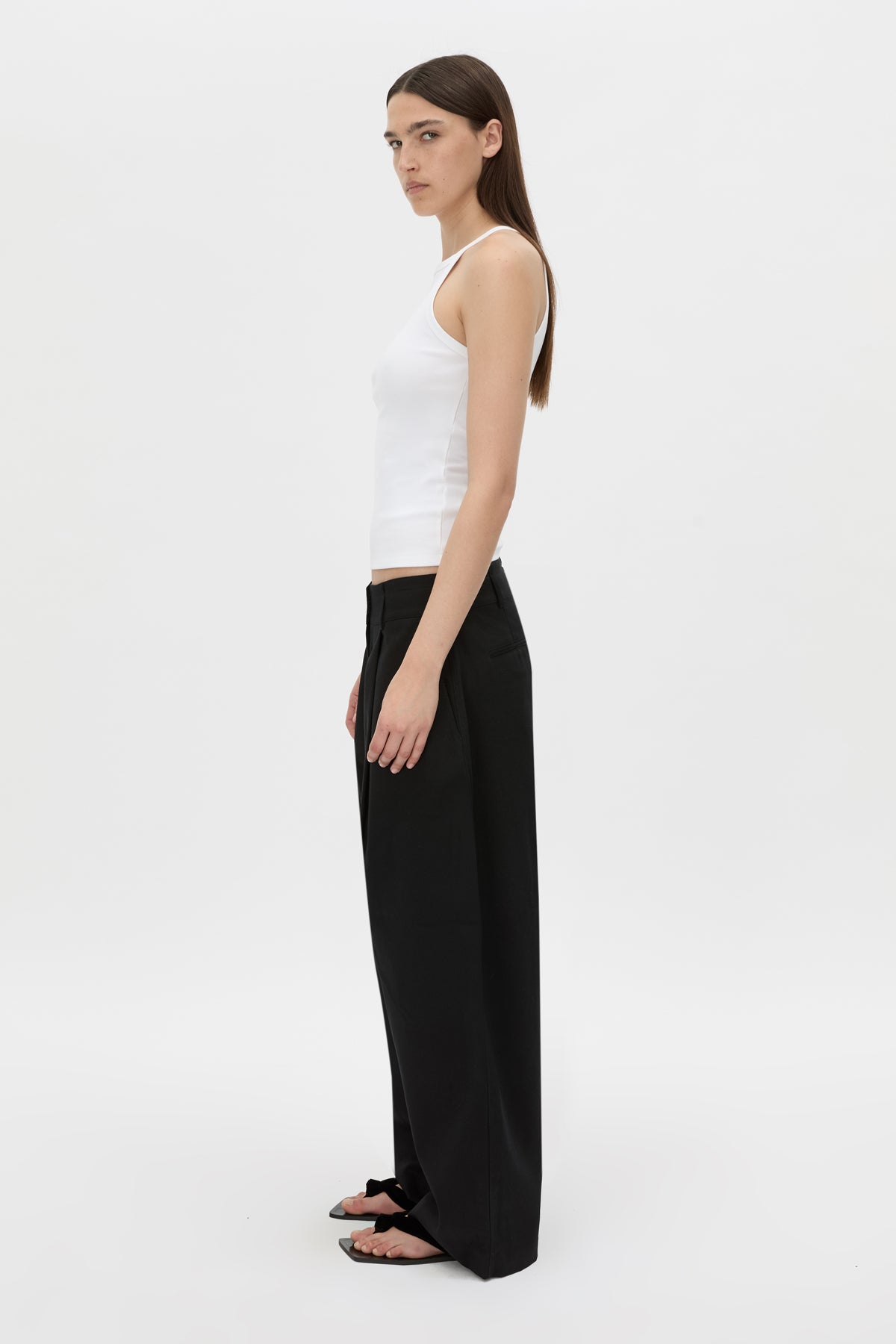 Side view CAMILLA AND MARC Magnolia Drill Pant in black with centre front and back pleats.