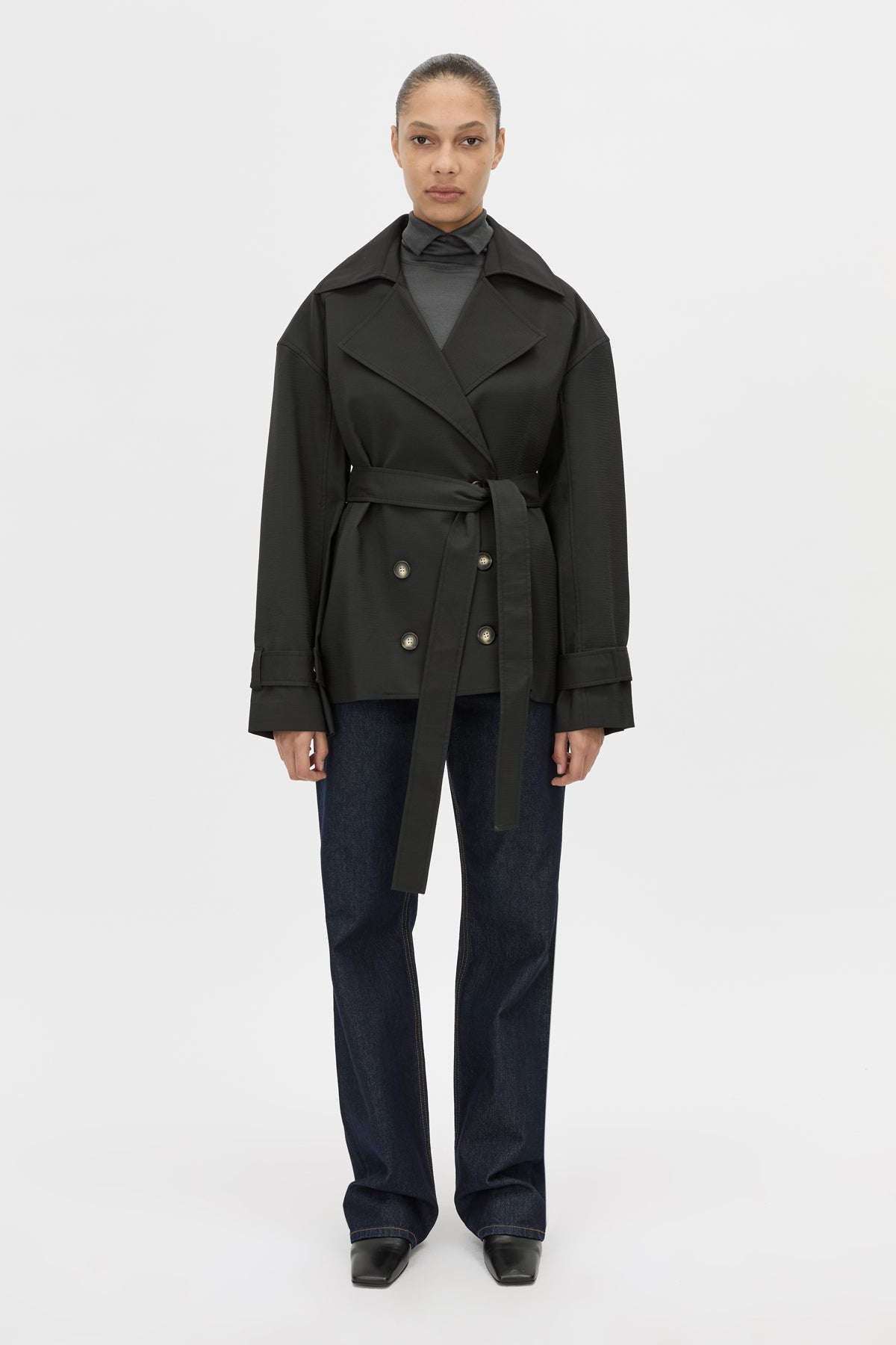 Front View - CAMILLA AND MARC Malia Belted Jacket in black with exaggerated collar and lapel.