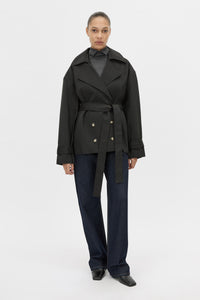 Front Styled View - CAMILLA AND MARC Malia Belted Jacket in black with exaggerated collar and lapel.