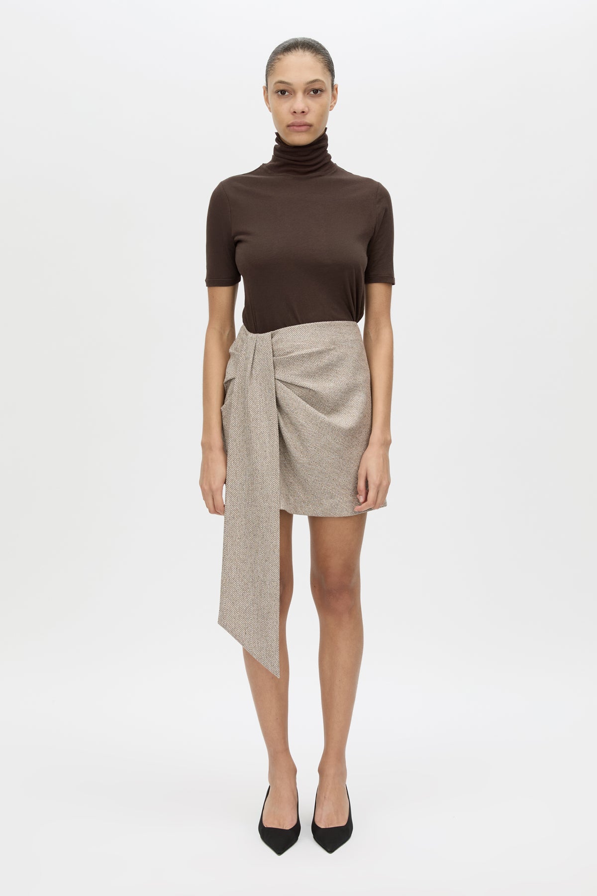 Malik Mini Skirt - CAMILLA AND MARC Malik draped high-waisted tailored mini skirt in tan herringbone