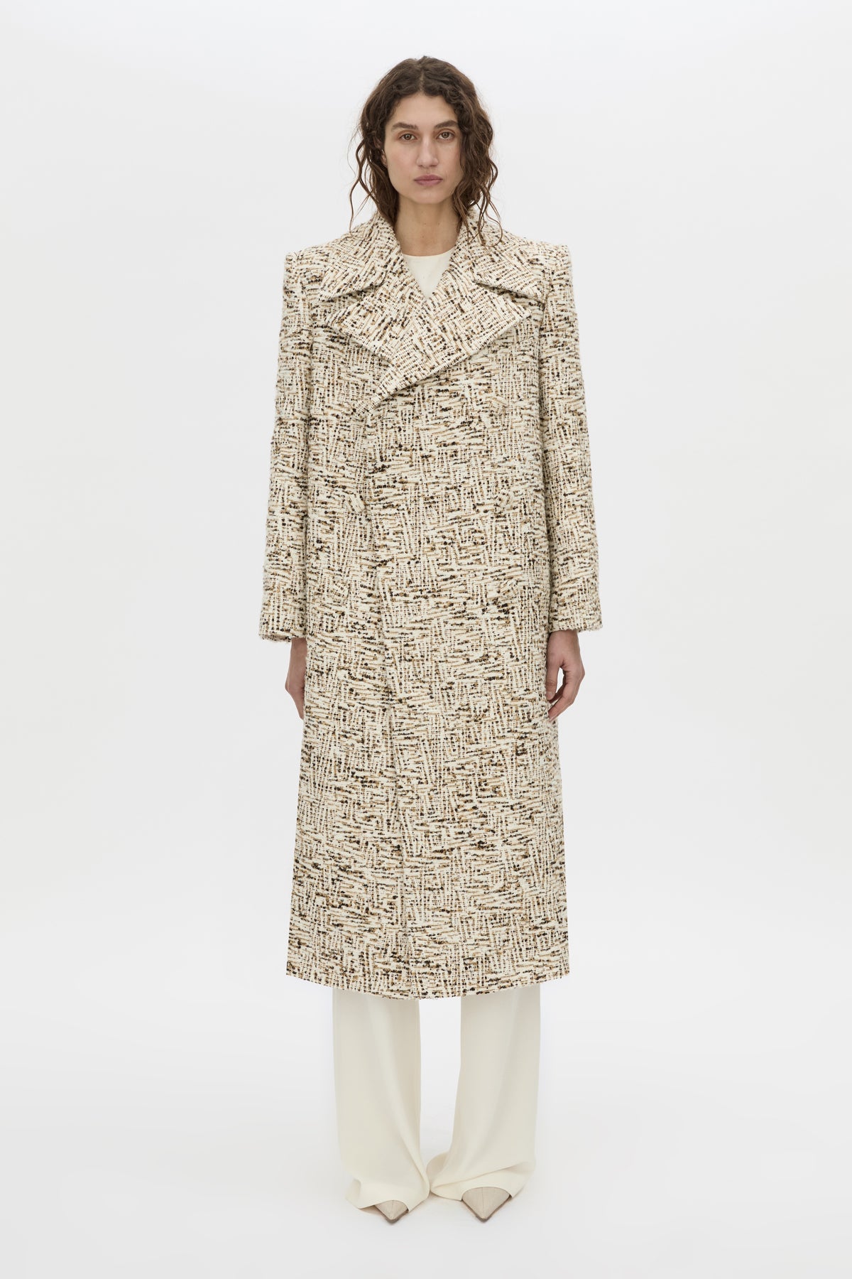 Front-styled view CAMILLA AND MARC Manara relaxed coat in tan.