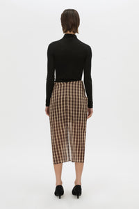 Back view CAMILLA AND MARC Mannix midi skirt in chocolate check.