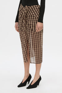 Cropped view CAMILLA AND MARC Mannix midi skirt in chocolate check.